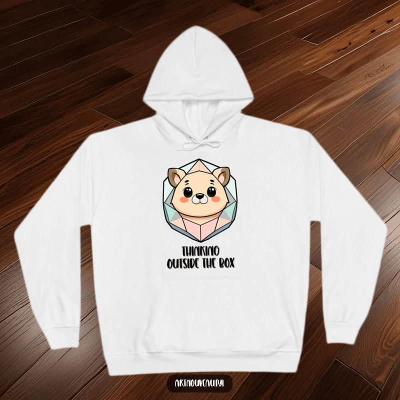 Funny hoodie with a stylized animal contemplating a bizarre geometric and organic shape, offering warmth and a touch of intellectual humor.