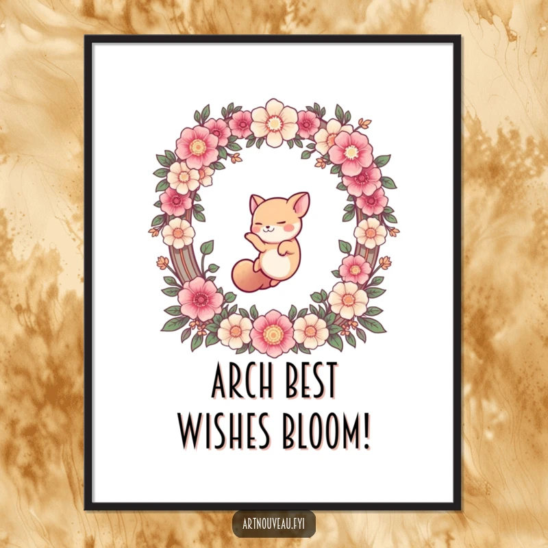 Funny Free Printable Wall Art: A cute animal suspended in a graceful dive through an ornate floral arch.