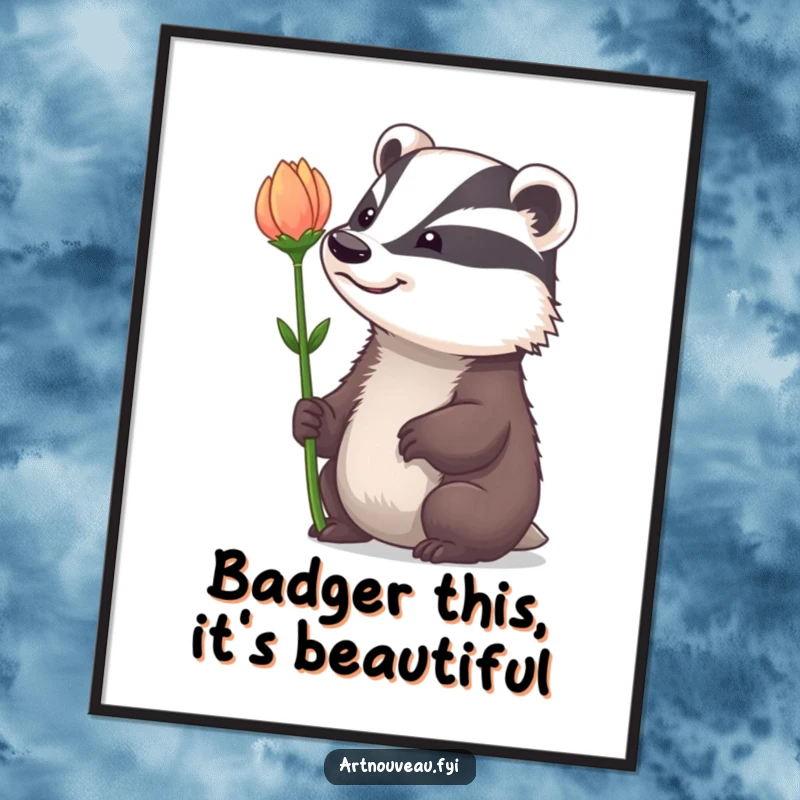 Funny Free Printable Wall Art: Badger with a whimsical grin admiring a dramatically curved flower stem.