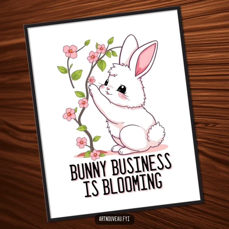 Funny free printable wall art: A fluffy bunny with elegant curves reaching for a blooming vine, whimsical downloadable decor.