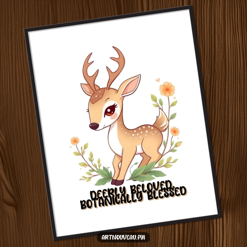 Funny Free Printable Wall Art depicting a graceful deer character beautifully entwined with lush decorative foliage, creating a serene natural scene.