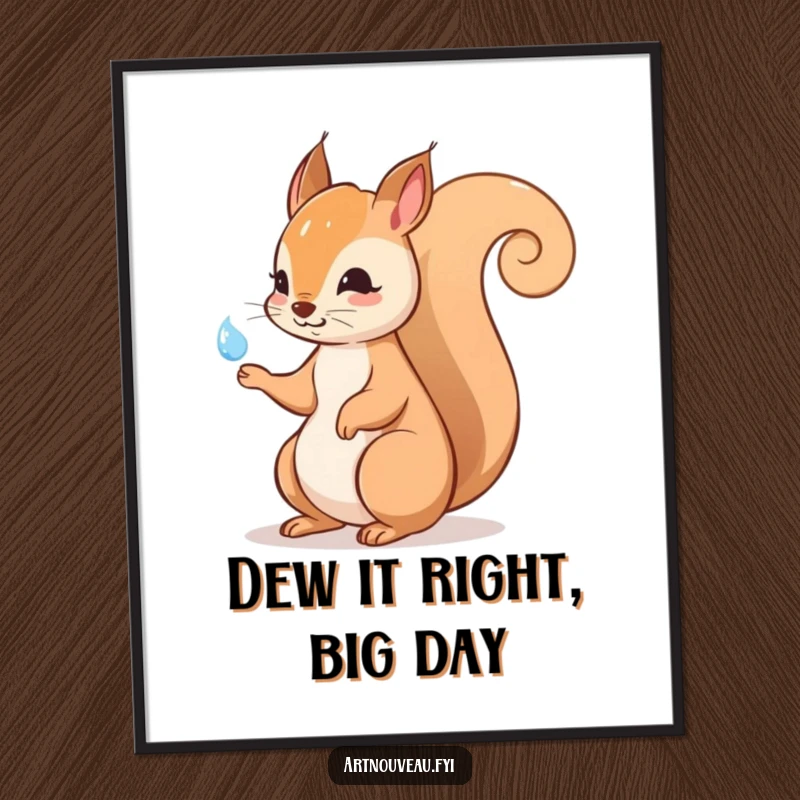 Funny Free Printable Wall Art: A squirrel with an elegant, swirling tail gestures towards a shimmering dewdrop, captured in art.