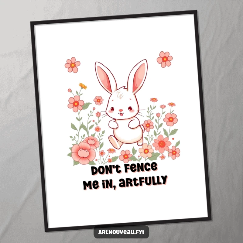 Funny Free Printable Wall Art of a whimsical rabbit with large ears hopping among artful floral patterns, bringing playful charm.