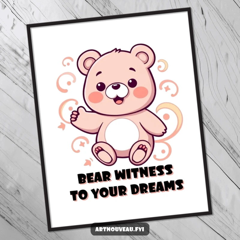 Free Printable Bear Wall Art: Charming bear character interacts joyfully with abstract swirling, curvilinear patterns, creating energetic art.