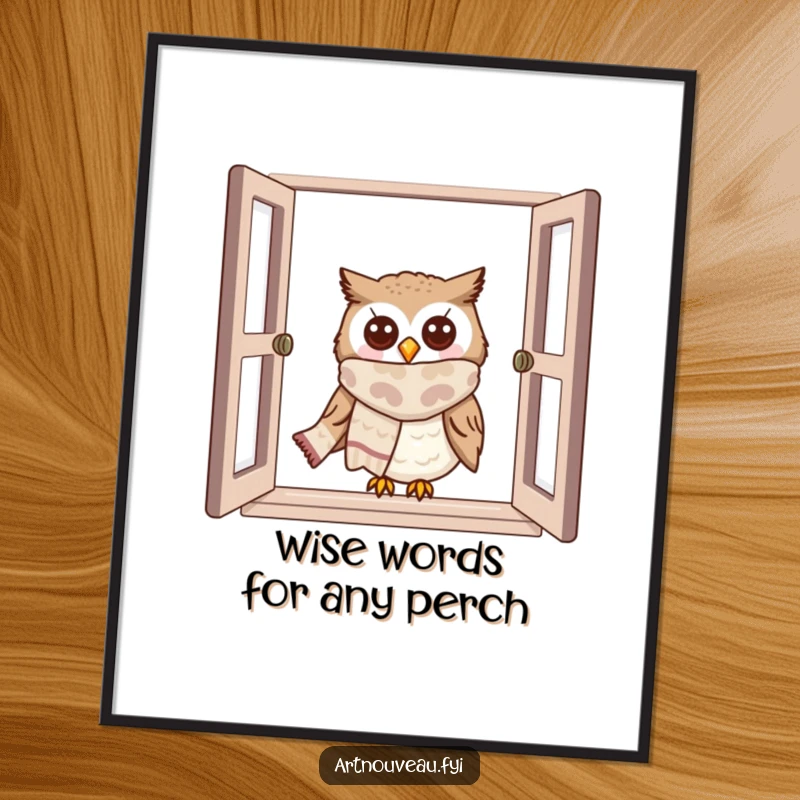 Funny Free Printable Owl Wall Art: Cute owl wearing a scarf peeks playfully from a window, adding charm and humor.