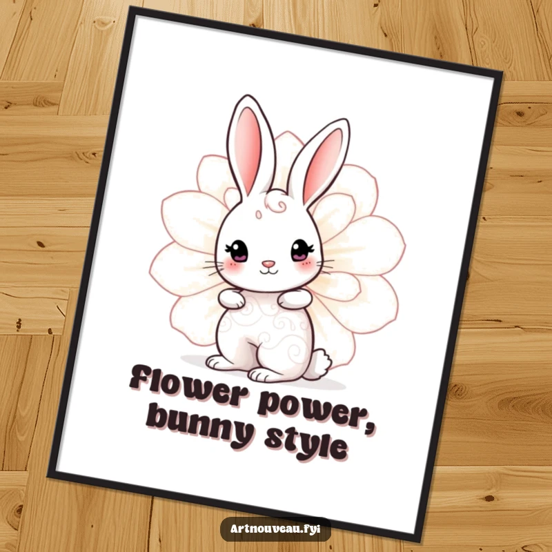 Funny Free Printable Wall Art of a cute rabbit with swirling body patterns peeking from behind a large, decorative bloom.