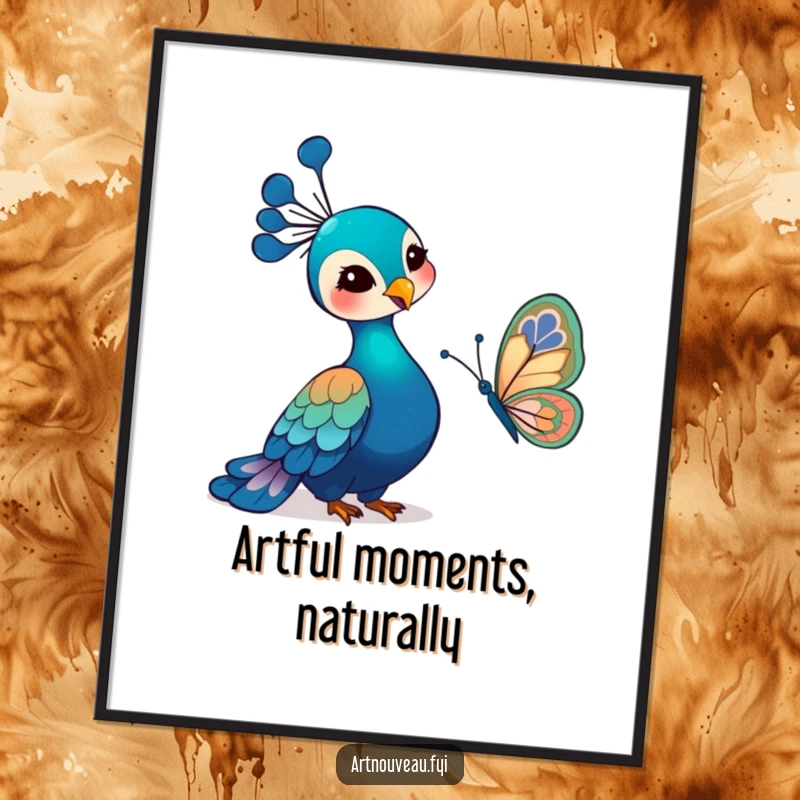 Funny Free Printable Wall Art depicting a gentle peacock gazing at a butterfly with intricate, flowing art nouveau inspired wings, a tranquil scene.