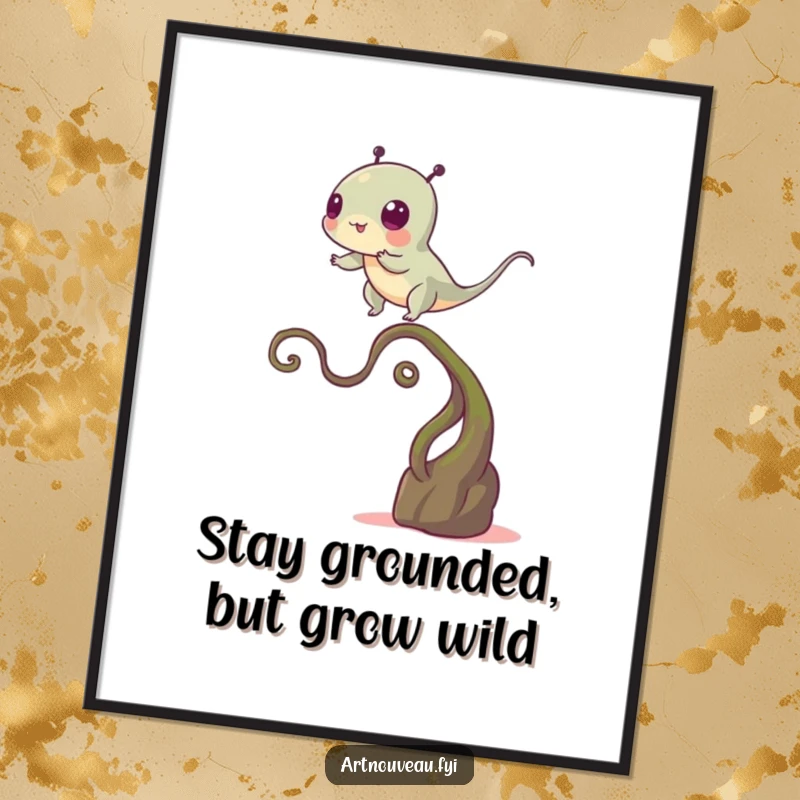 Funny Free Printable Wall Art: A strange creature precariously balancing on a winding plant-like stem, humorous quirky wall art.
