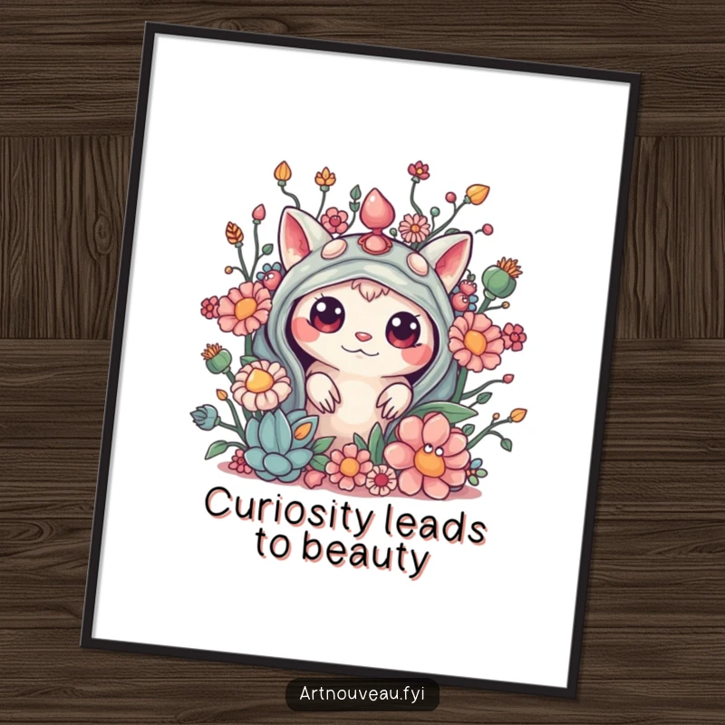 Funny Free Printable Wall Art: A curious creature peeking from behind intricate, elaborate, and organic decorative elements, artistic home decor.