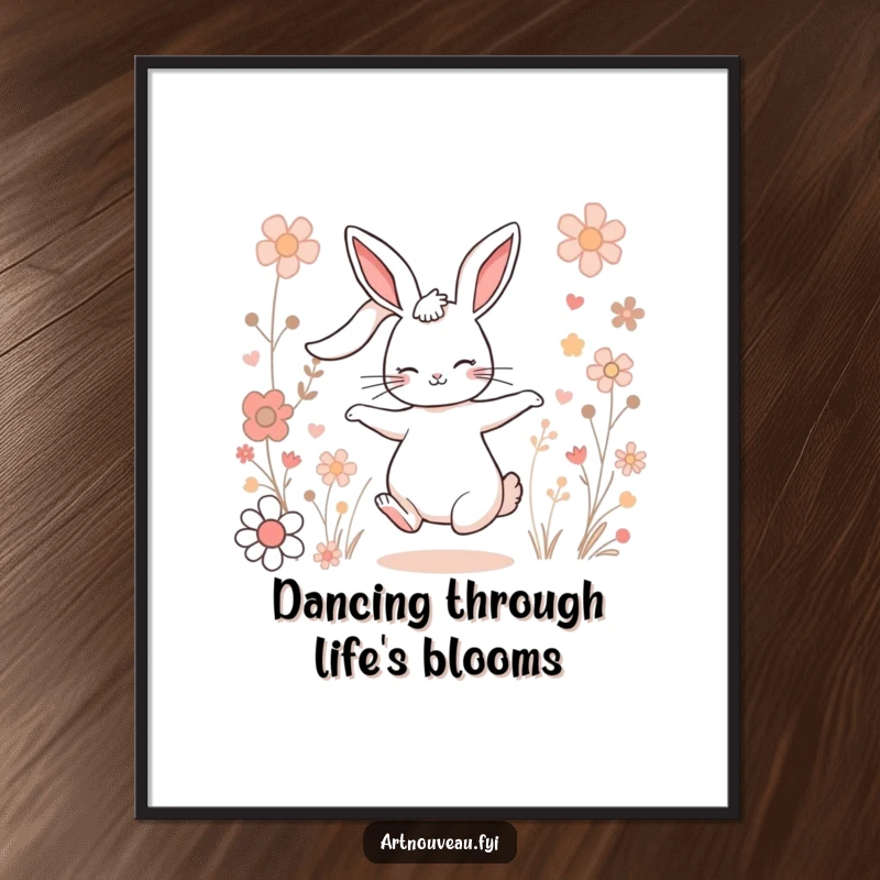 Funny Free Printable Wall Art showcasing a rabbit with long ears dancing joyfully among stylized flowers, a downloadable piece of art.