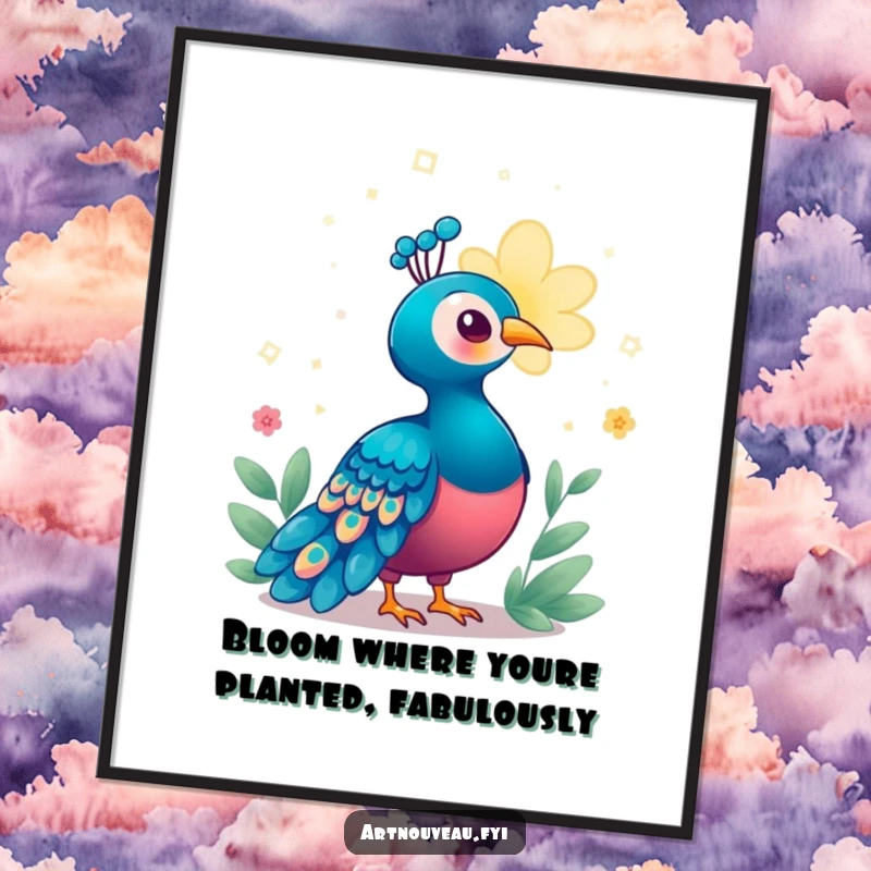 Funny Free Printable Wall Art of a peacock looking utterly enchanted by the radiant glow of a mysterious, magical, and luminous bloom.