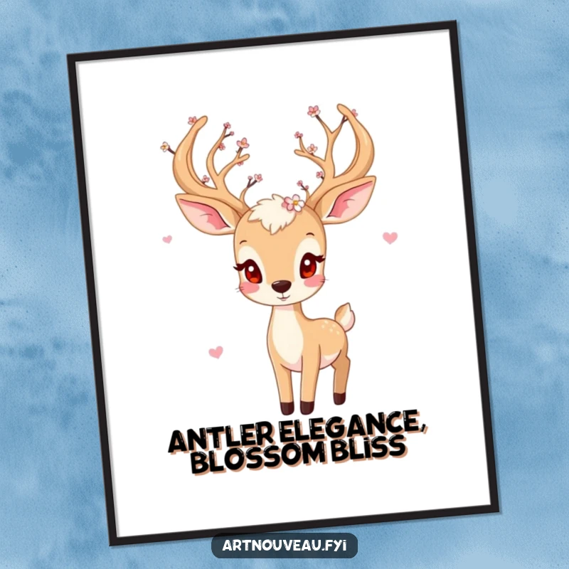 Funny Free Printable Wall Art: Playful deer with flowing antlers decorated with delicate blossoms, a serene woodland scene.