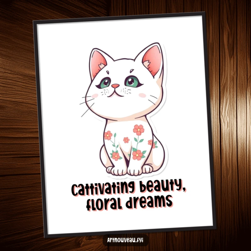 Funny Free Printable Wall Art: Stylized cat with intricate floral patterns on its fur, gazing serenely upwards.