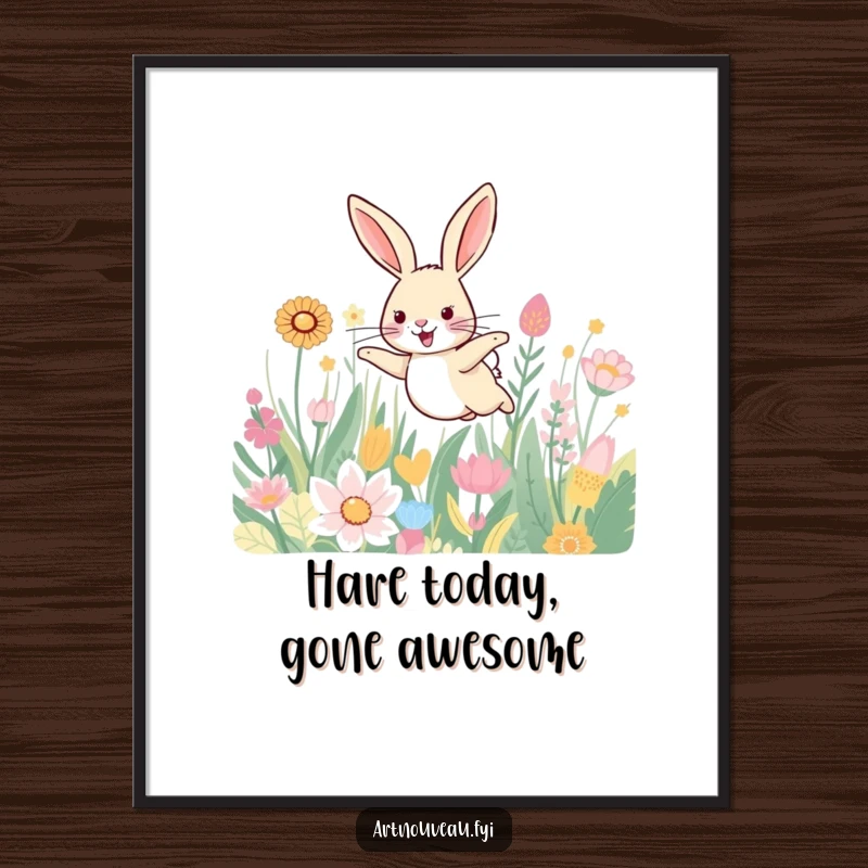 Funny Free Printable Wall Art: A smiling hare bounds through a field of beautifully patterned plants, adding vibrancy to your room.