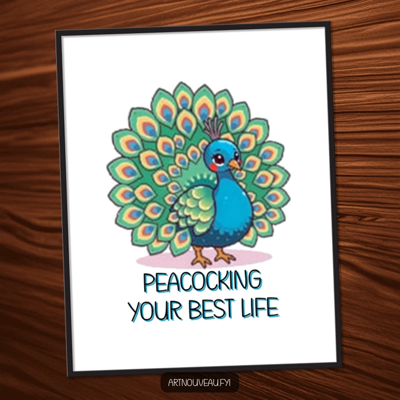 Funny Free Printable Wall Art: A peacock with elaborate feather patterns fans its stunning tail, adding natural beauty and flair.