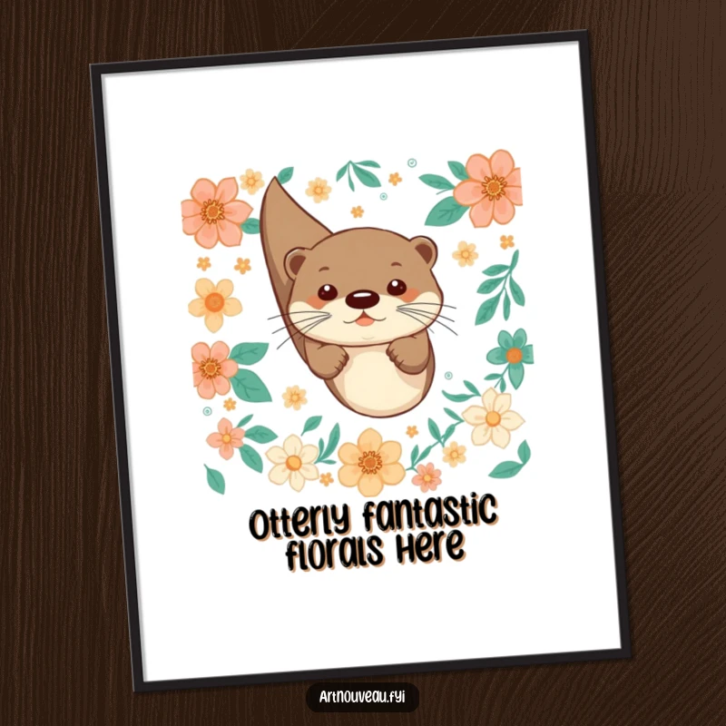 Funny free printable wall art: A playful otter joyfully diving through decorative floral patterns, whimsical downloadable art.