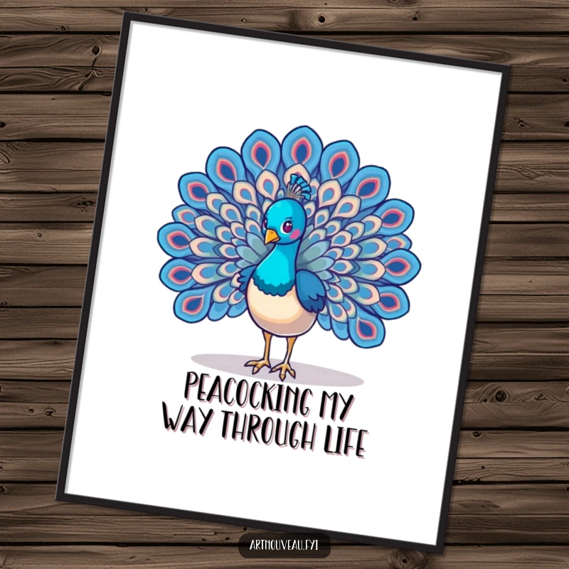 Funny Free Printable Wall Art of a magnificent peacock with wings spread wide, displaying incredibly detailed and mesmerizing swirling feather art.