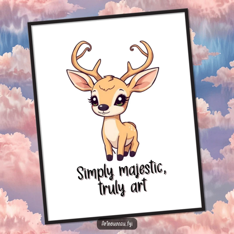 Funny Free Printable Wall Art of a deer with art nouveau antlers gazing upwards in wonder, creating magical downloadable decor.