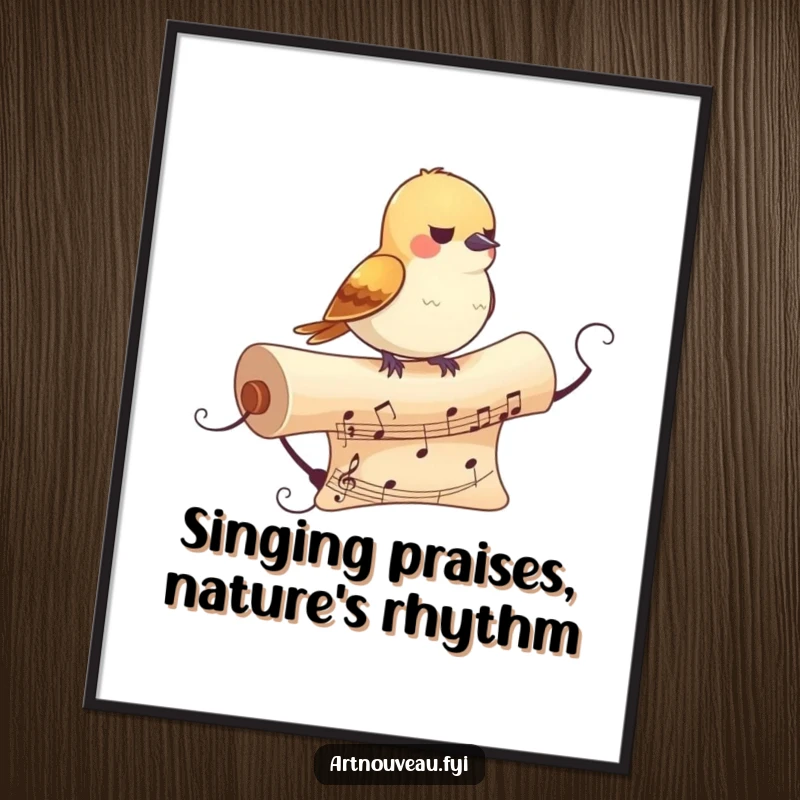 Funny Free Printable Wall Art featuring a small bird elegantly perched on a decorative, flowing musical scroll, creating a whimsical artistic composition.
