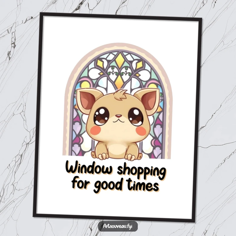Free Printable Wall Art: a creature with large, expressive eyes gazing in awe at a magnificent stained-glass window.