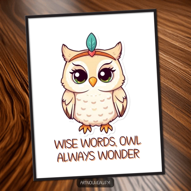 Funny Free Printable Wall Art: Enchantingly curious owl wearing a feathered headband, adding a touch of wonder.
