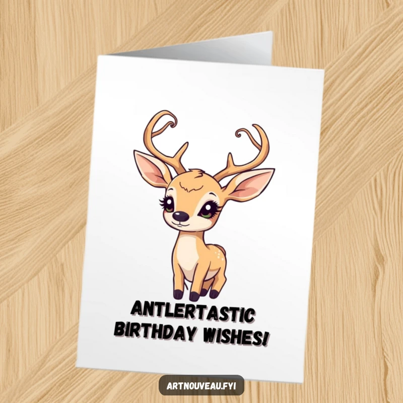 Funny Free Printable Birthday Card featuring a wondrous deer with art nouveau antlers looking up in awe, a perfect downloadable gift.