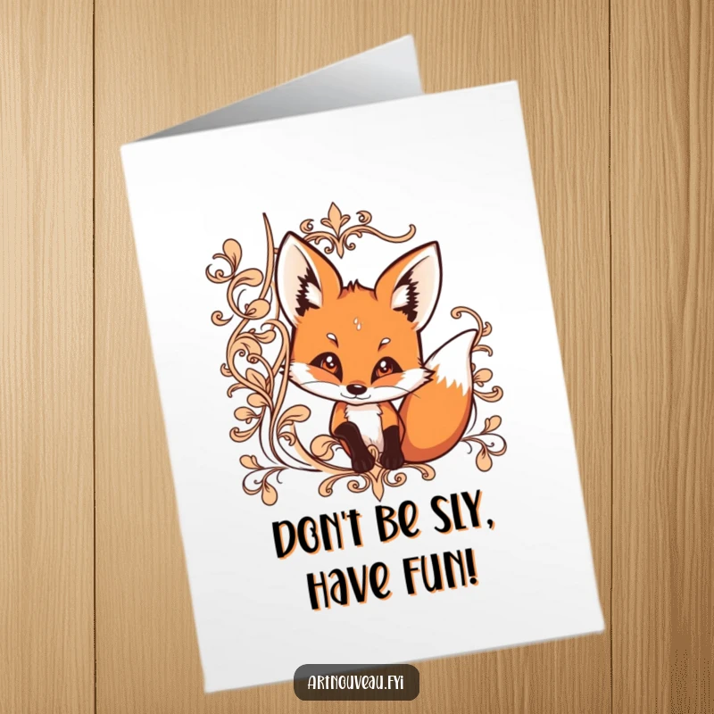 Funny free printable birthday card: Curious fox peeking from behind ornate lines, a sly and humorous downloadable gift.