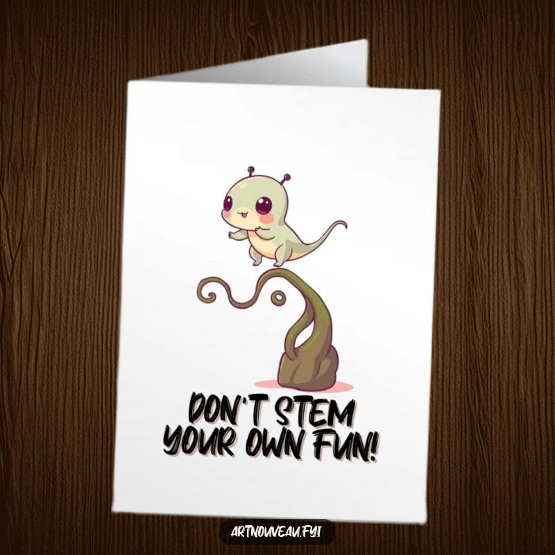 Funny Free Printable Birthday Card: A quirky creature wobbling precariously on a winding, plant-like stem, a humorous birthday wish.