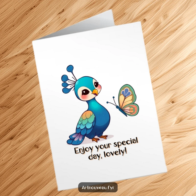 Funny Free Printable Birthday Card of a smiling peacock observing a butterfly with intricate, flowing art nouveau wings, a moment of wonder.