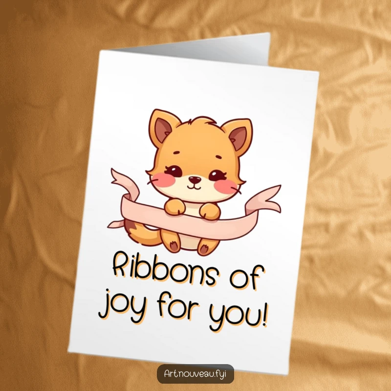Funny Free Printable Birthday Card: Cute animal playfully tangled in a flowing decorative ribbon, a joyful birthday card.