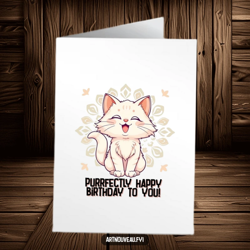 Funny Free Printable Birthday Card: Delighted Cat with flowing fur posing against a decorative pattern, a sweet downloadable greeting.