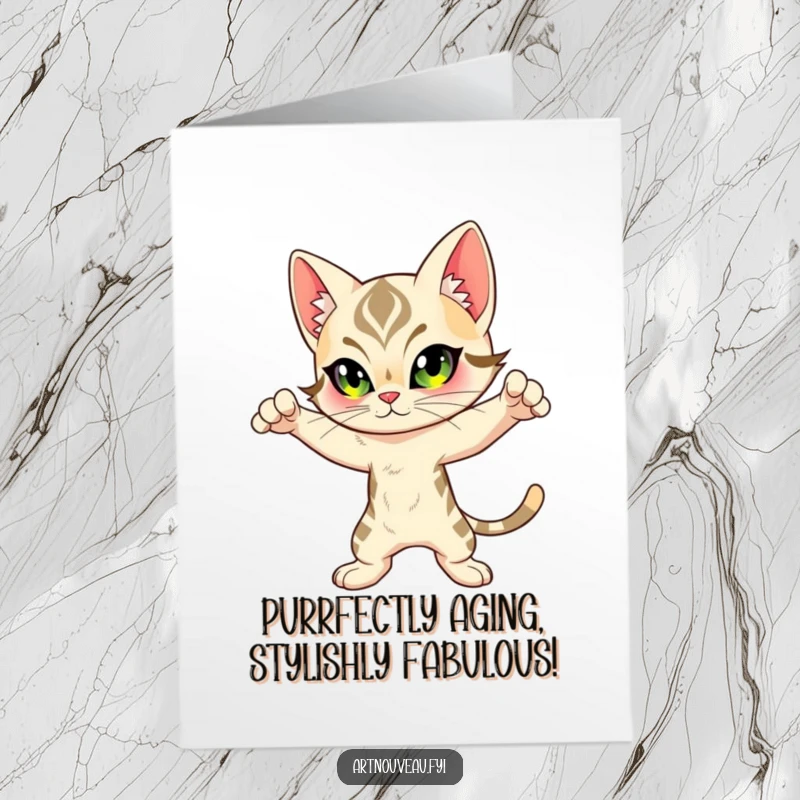 Funny Free Printable Birthday Card featuring a dynamic feline character with Art Nouveau markings, striking an energetic pose for a birthday.