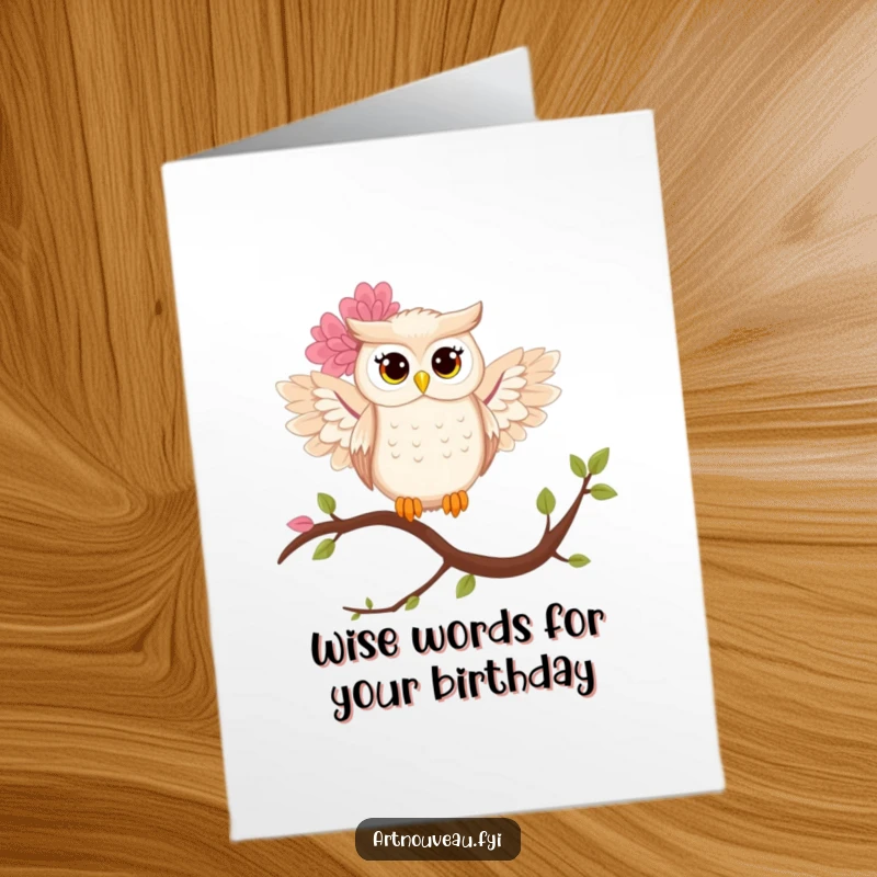 Free Printable Birthday Card: A stylized owl with floral wings perched on a branch, conveying wisdom and grace.