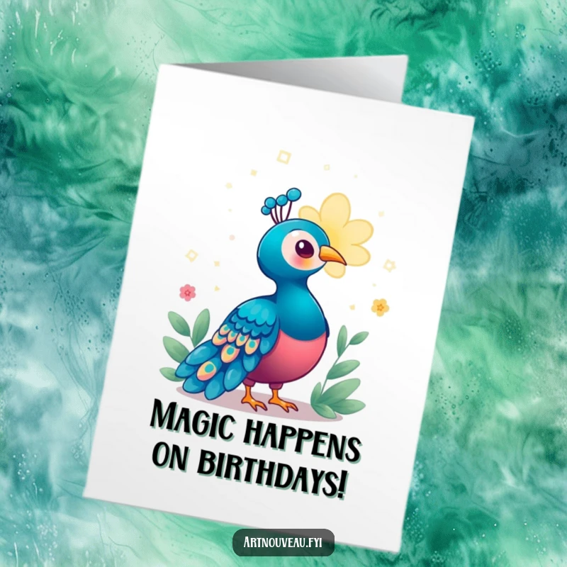 Funny Free Printable Birthday Card of a peacock looking truly enchanted by the soft glow of a magical, luminous flower.