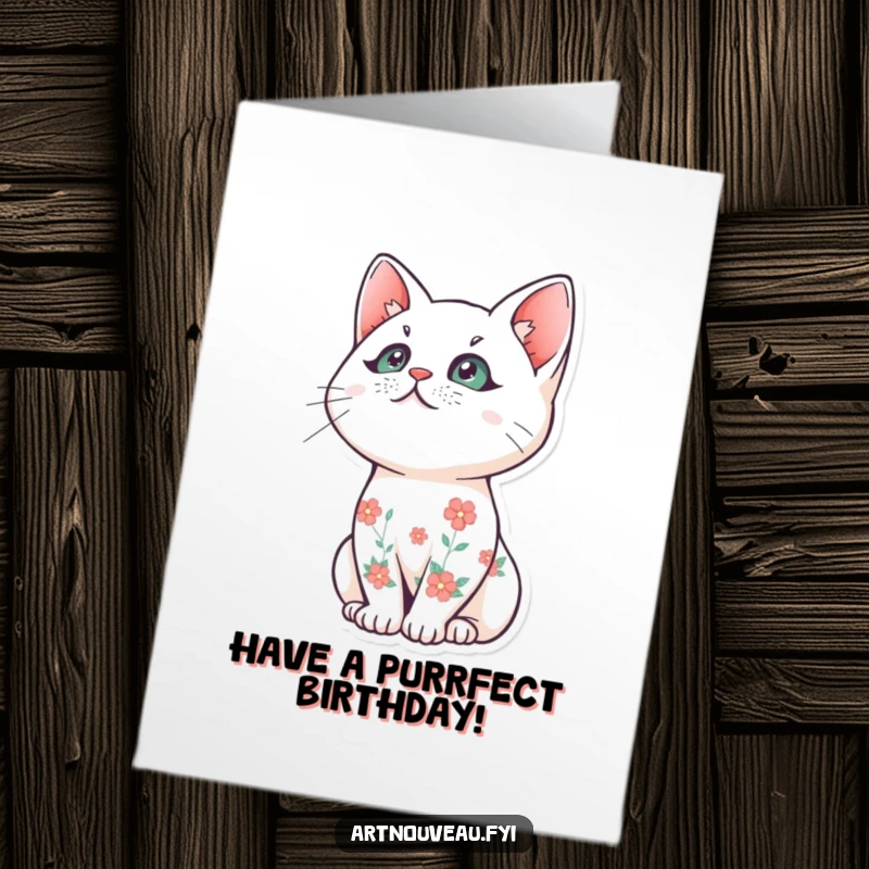 Funny Free Printable Birthday Card: Stylized cat with floral patterns, gazing upwards with serene birthday wishes.