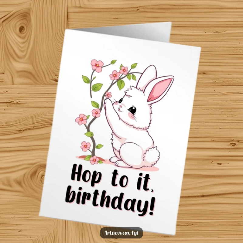 Funny free printable birthday card: Fluffy bunny with elegant curves reaching for a flower, a comical downloadable gift.