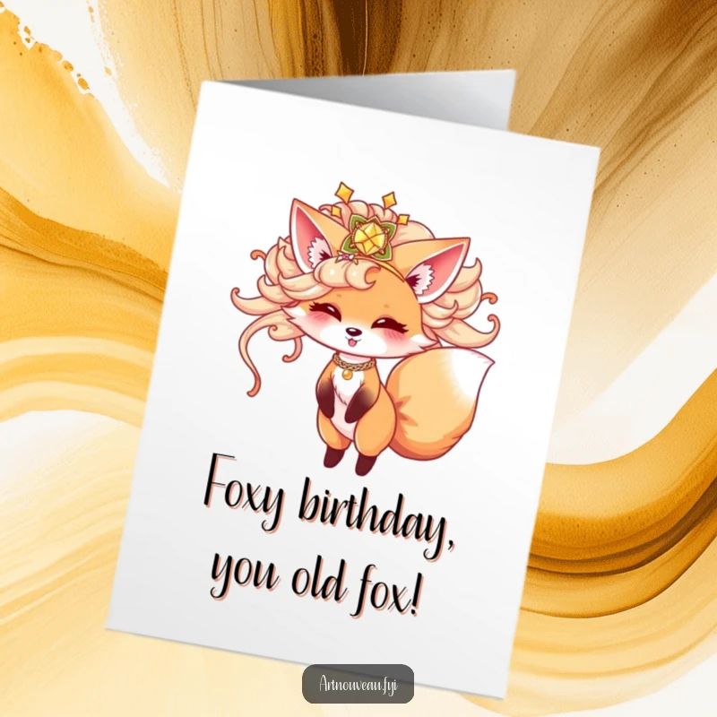 Funny Free Printable Birthday Card: Cute fox with ornate hairpiece playfully twirling, ready to celebrate.