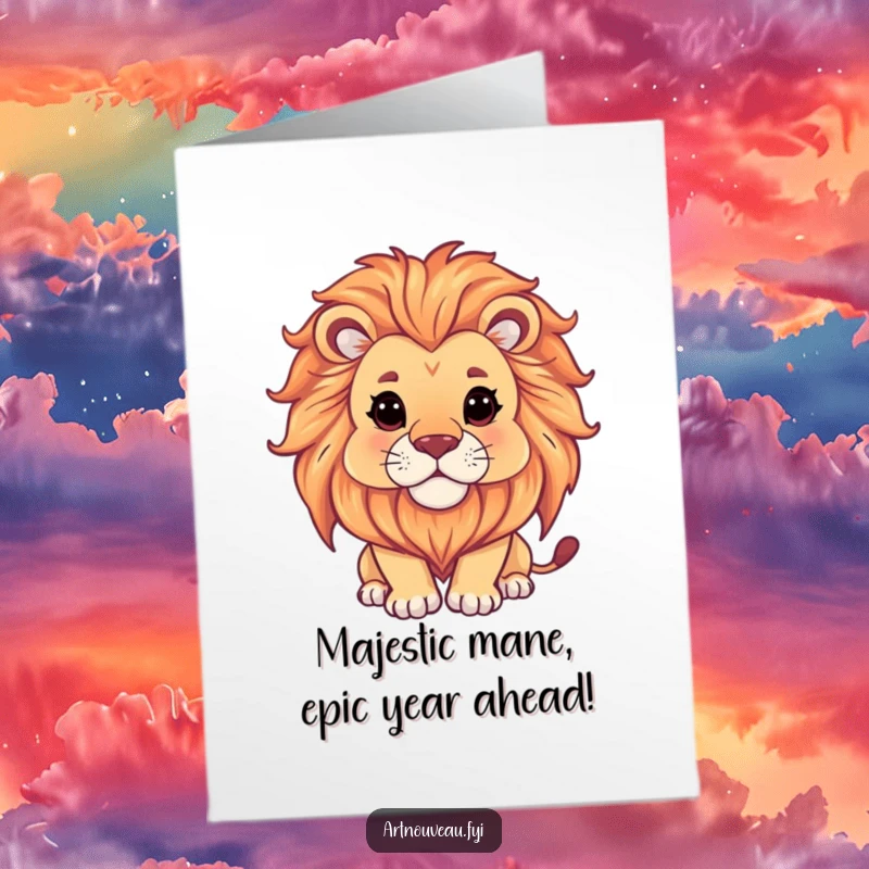 Funny Free Printable Birthday Card featuring a majestic lion with an ornate mane, gazing serenely at a flowing design, spreading birthday cheer.
