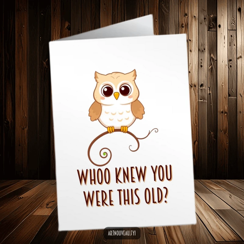 Funny Free Printable Birthday Card: Happy owl perched precariously on a looping decorative tendril.