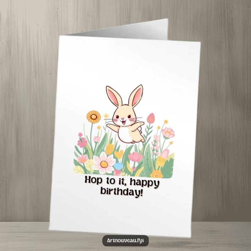 Funny Free Printable Birthday Card: A smiling hare joyfully leaps through a vibrant field of beautifully patterned plants.
