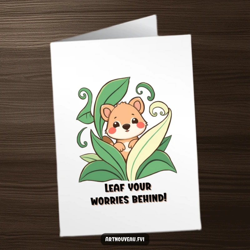 Funny Free Printable Birthday Card: Playful animal peeking with a grin from behind swirling, stylized green leaves.