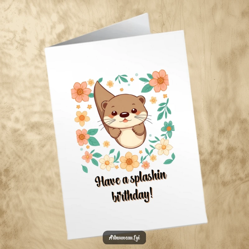 Funny free printable birthday card: Playful otter diving through floral patterns, a joyful and humorous downloadable gift.