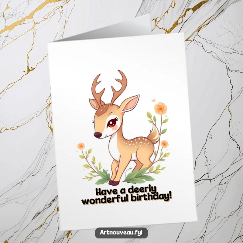 Funny Free Printable Birthday Card featuring a graceful deer character entwined with decorative foliage, sending lovely birthday wishes.