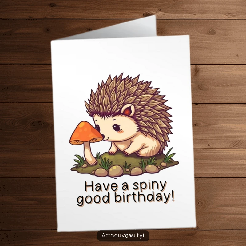 Funny Free Printable Birthday Card: Curious hedgehog with art nouveau spines approaches a glowing mushroom, magical birthday art.