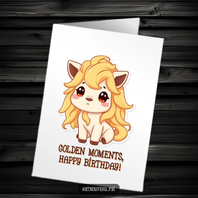 Funny Free Printable Birthday Card featuring an animal with a golden mane looking up curiously, ready to party.