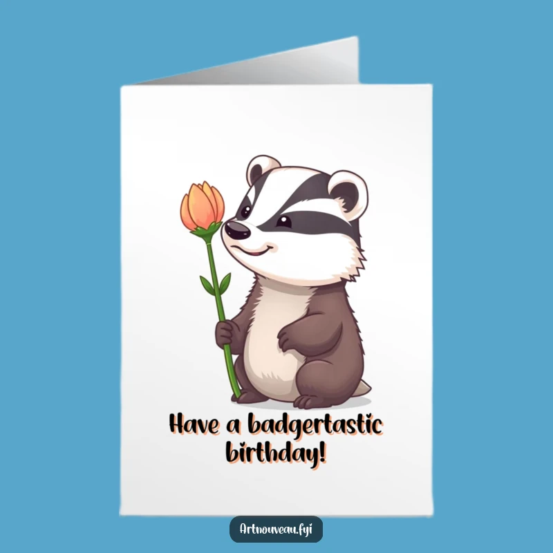 Free Printable Birthday Card: Grinning Badger & Flower, Funny Downloadable Gift