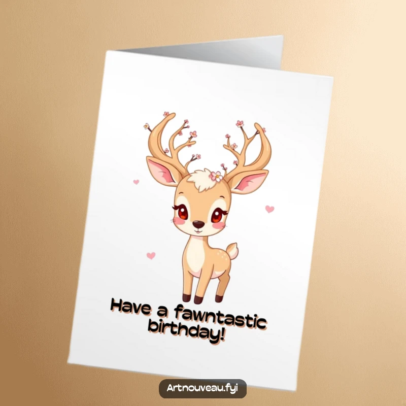 Funny Free Printable Birthday Card: Playful deer with elegant, blossom-adorned antlers, radiating birthday cheer.