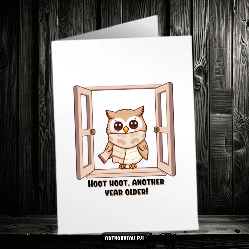 Funny Free Printable Owl Birthday Card: Cute owl in a scarf peeks mischievously from a window, perfect for a funny greeting.