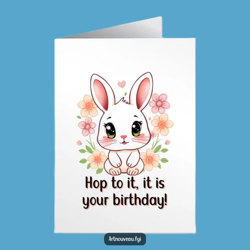 Free Printable Rabbit Birthday Card: Expressive Eyes Floral Downloadable Greeting