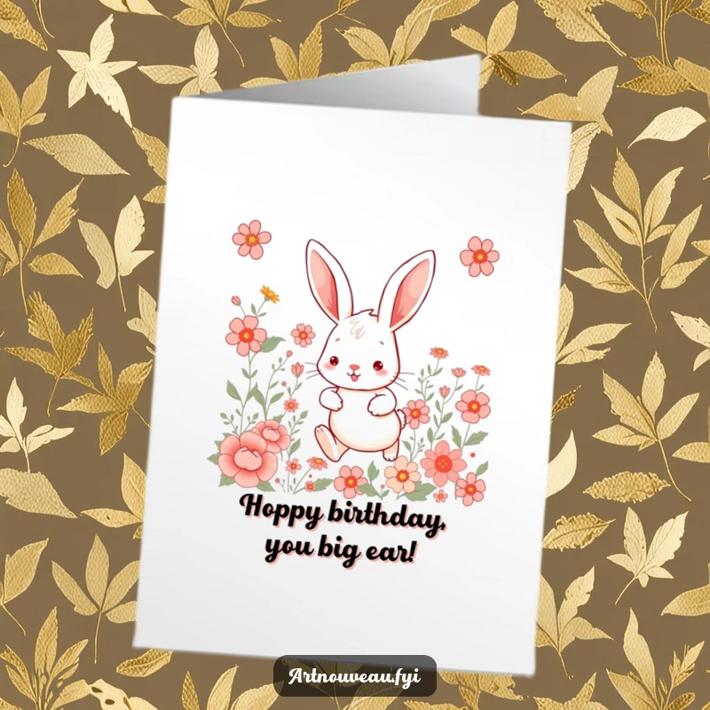 Funny Free Printable Birthday Card featuring a whimsical rabbit with big ears hopping among artful floral patterns, ready for birthday wishes.